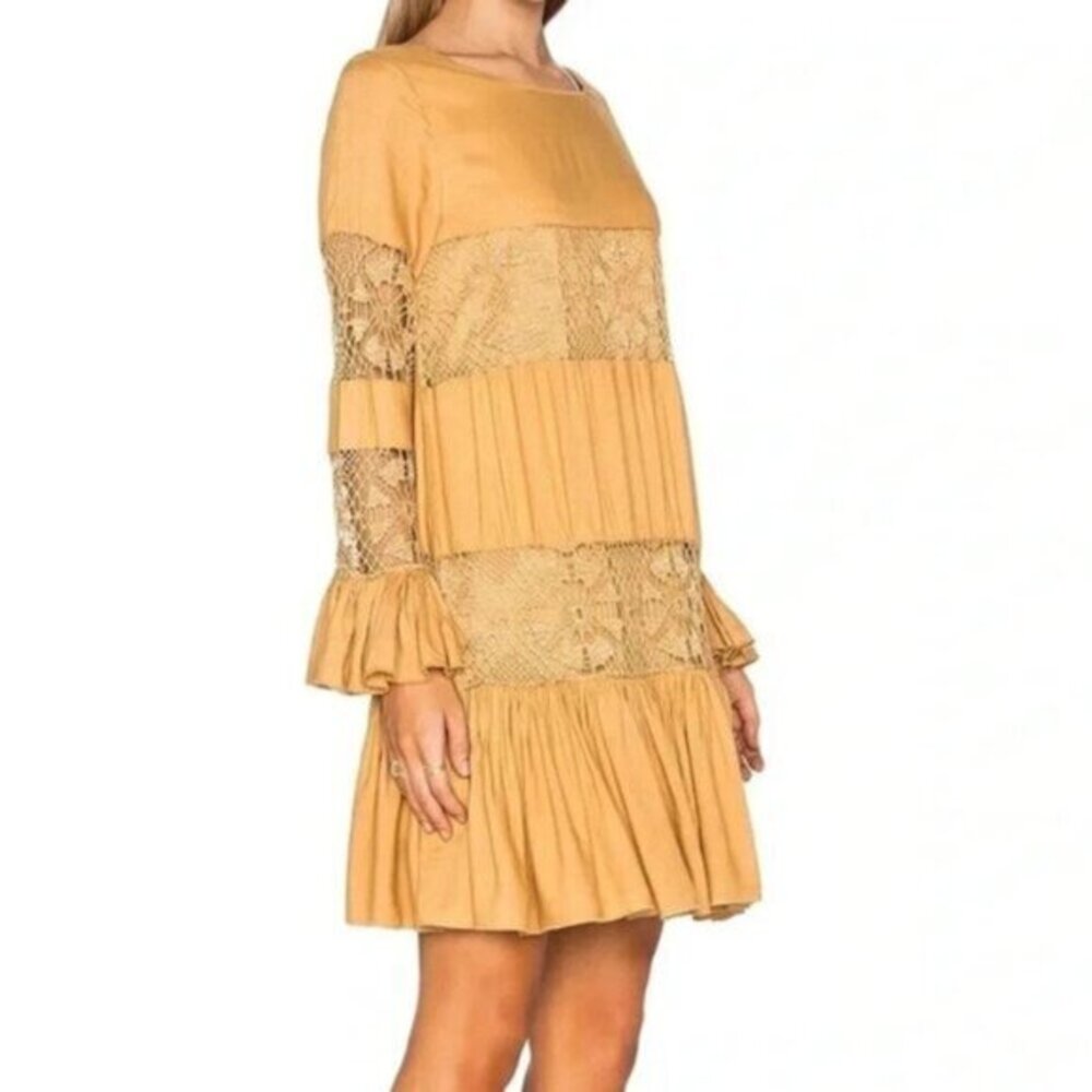 TULAROSA REVOLVE Women's Mini Dress Ruffle Crochet XS Boho Chic Peasant Yellow